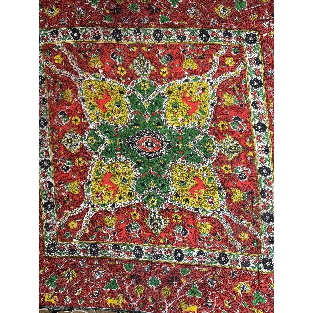 Vintage Red Green Yellow Boho Floral Lion jaguar Square Scarf 30" - Picture 3 of 11